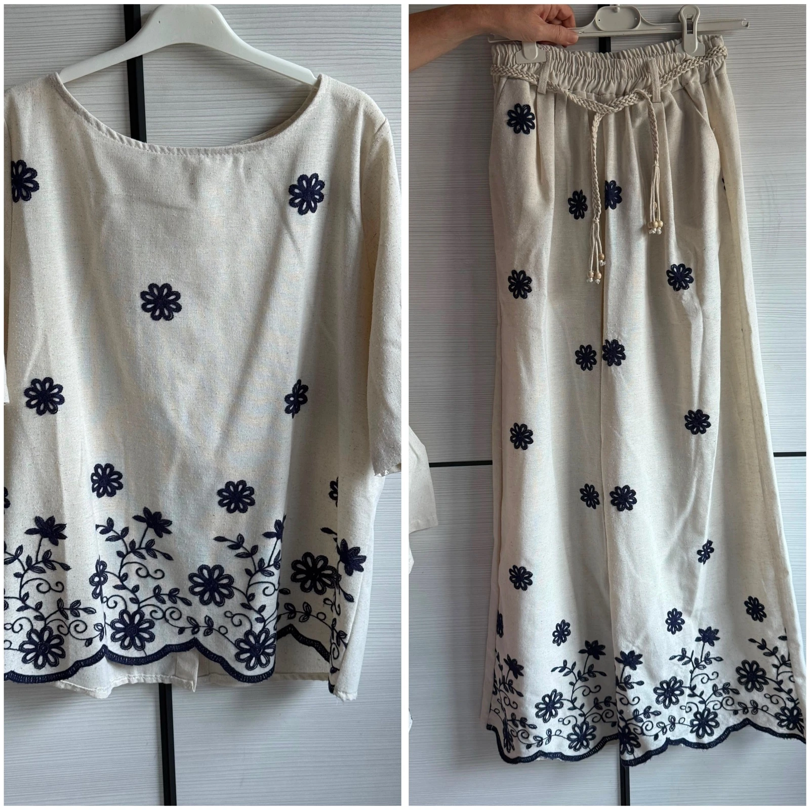 Conjunto blusa y pantalón lino bordado flores Made in Italy
